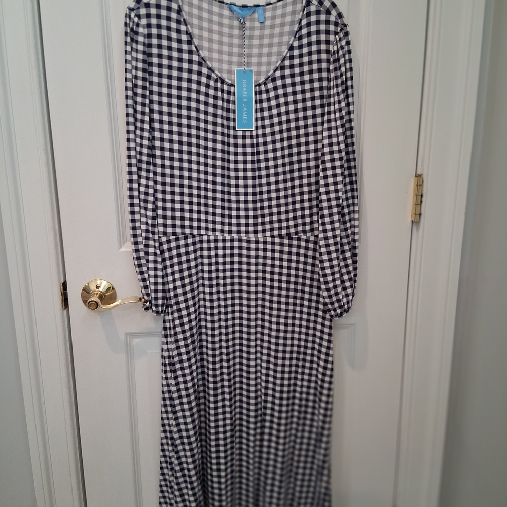 Draper James Navy and White Checkered Long Sleeve Dress